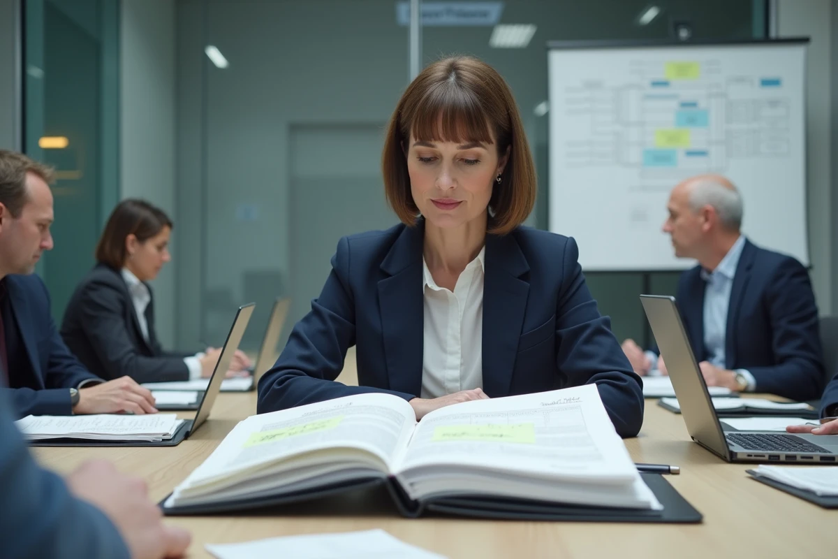 Réunion qualité dans un ESSMS avec une professionnelle présentant un dossier d'évaluation structuré à son équipe autour d'une table de conférence