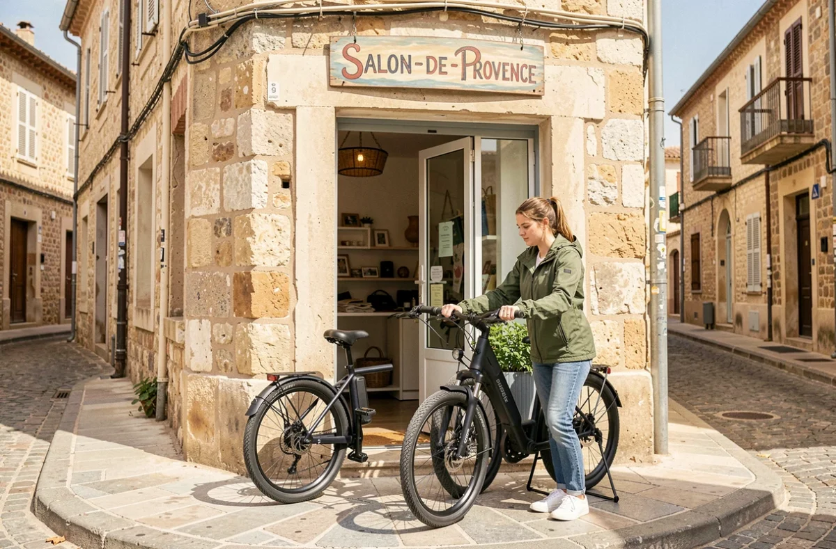 Devanture du magasin Ride'Elec à Salon-de-Provence avec des vélos électriques exposés sur le trottoir ensoleillé