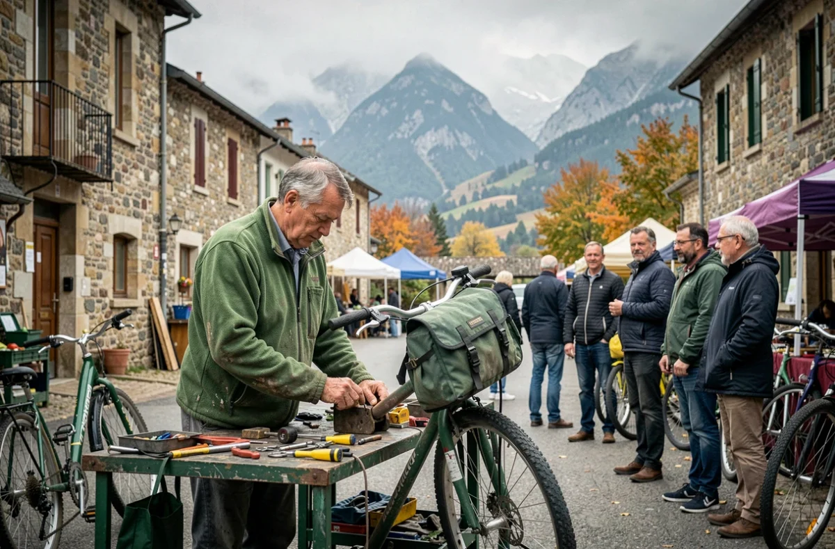 Mécanicien en atelier itinérant réparant des vélos en plein air dans un village près de Pau pour Roue Libre