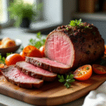 Rôti de boeuf tranché sur planche en bois dans une cuisine lumineuse