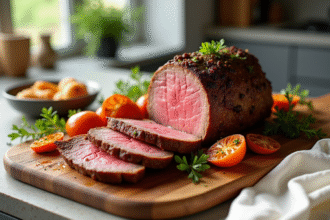 Rôti de boeuf tranché sur planche en bois dans une cuisine lumineuse
