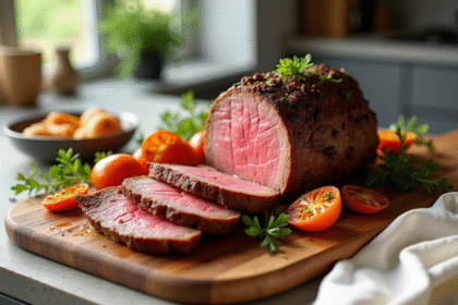 Rôti de boeuf tranché sur planche en bois dans une cuisine lumineuse