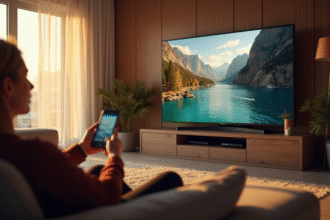 Salon moderne avec TV 4K et personne avec télécommande