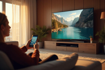 Salon moderne avec TV 4K et personne avec télécommande