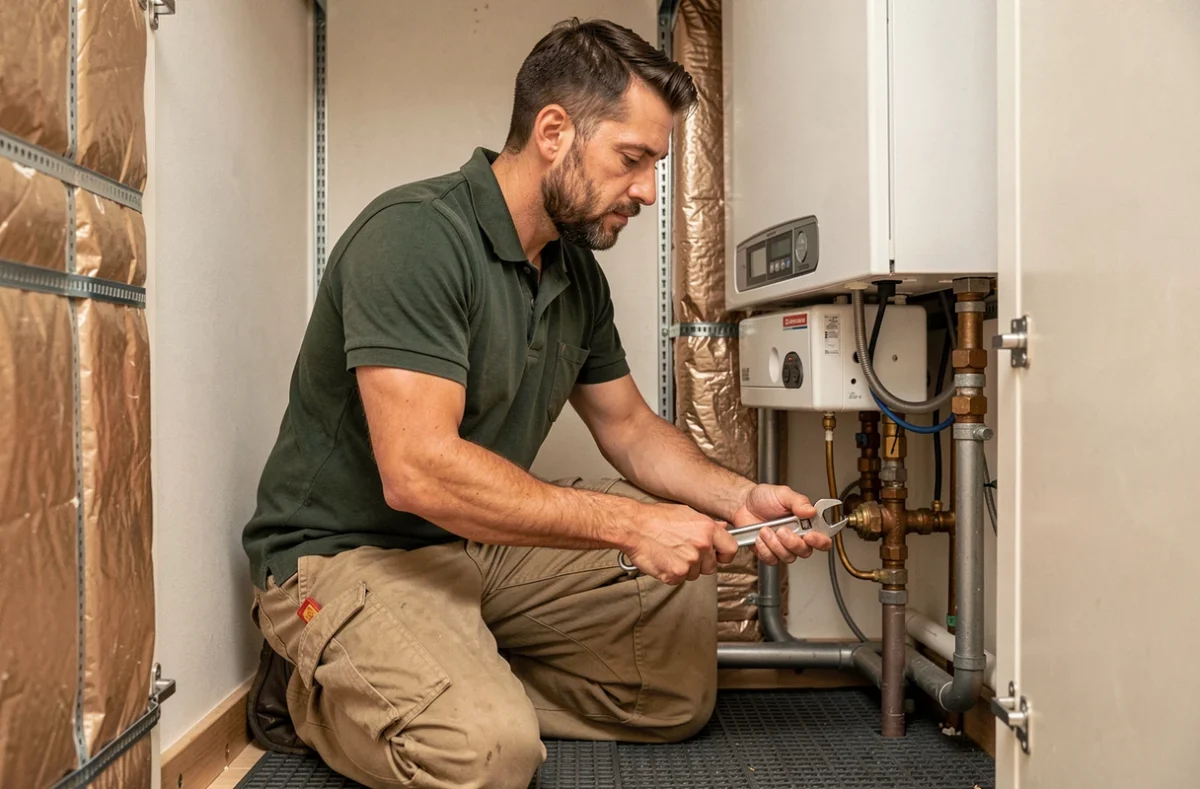Un artisan de la SARL Bricaust Michael en polo vert raccorde une chaudière gaz au réseau de tuyauterie existant dans un placard technique d'une maison pavillonnaire française