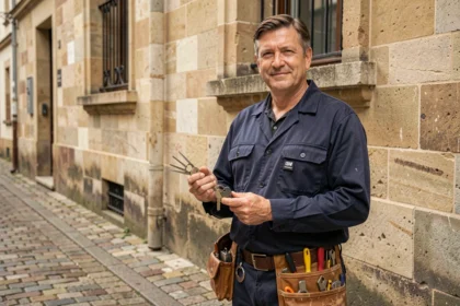 Serrurier professionnel devant un immeuble en pierre de Bourgogne tenant des clés et outils de serrurier