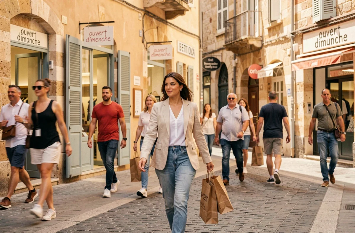 Femme faisant ses courses de dernière minute dans une rue commerçante ouverte le dimanche à Montpellier