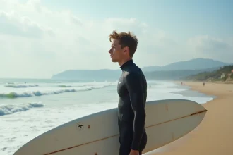 Jeune surfeur regardant l'océan à Hendaye avec planche blanche