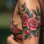 Tatouage floral sur avant bras avec roses et pivoines