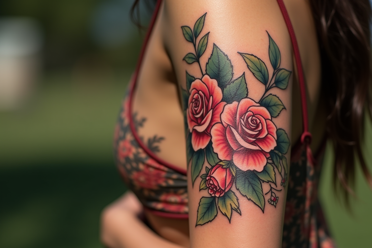 Tatouage floral sur avant bras avec roses et pivoines