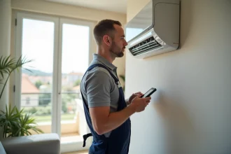 Technicien HVAC examinant une climatisation murale à Aubagne