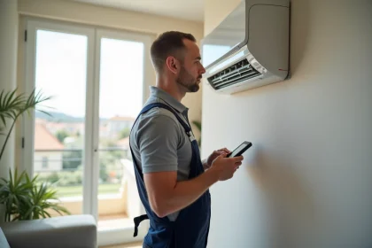 Technicien HVAC examinant une climatisation murale à Aubagne