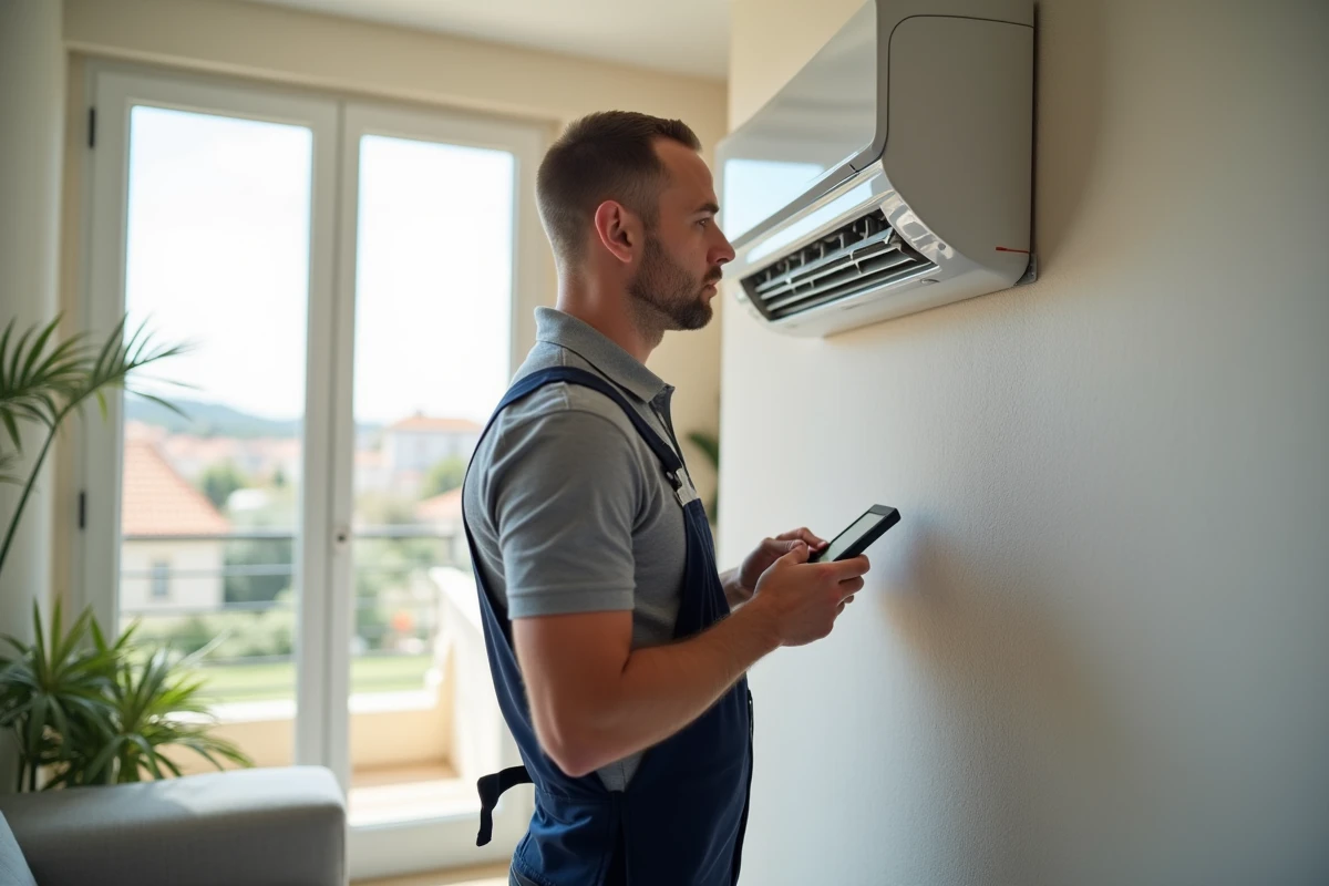 Technicien HVAC examinant une climatisation murale à Aubagne