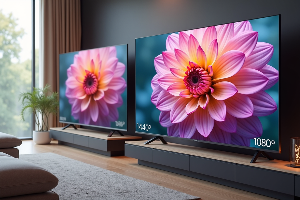 Deux téléviseurs montrant une fleur en 1440p et 1080p dans un salon
