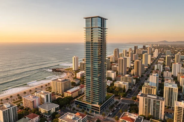 Tour résidentielle privée dominant une grande ville côtière au coucher du soleil