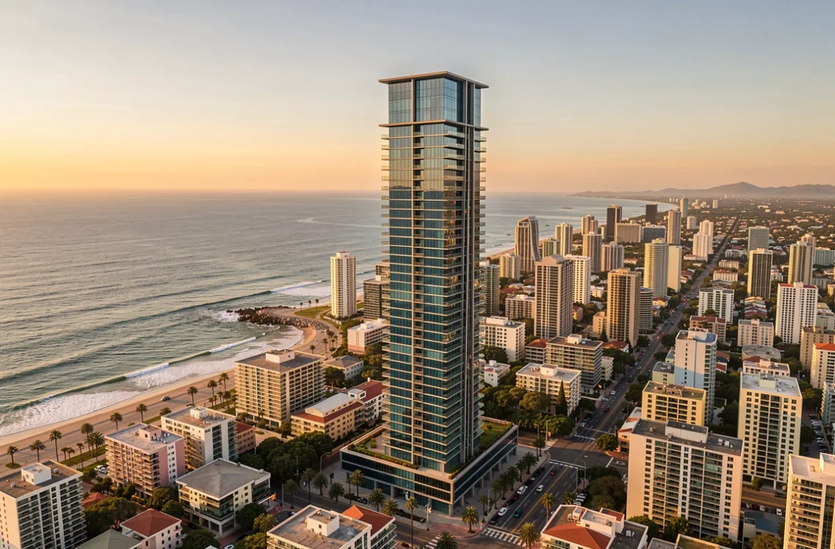 Tour résidentielle privée dominant une grande ville côtière au coucher du soleil