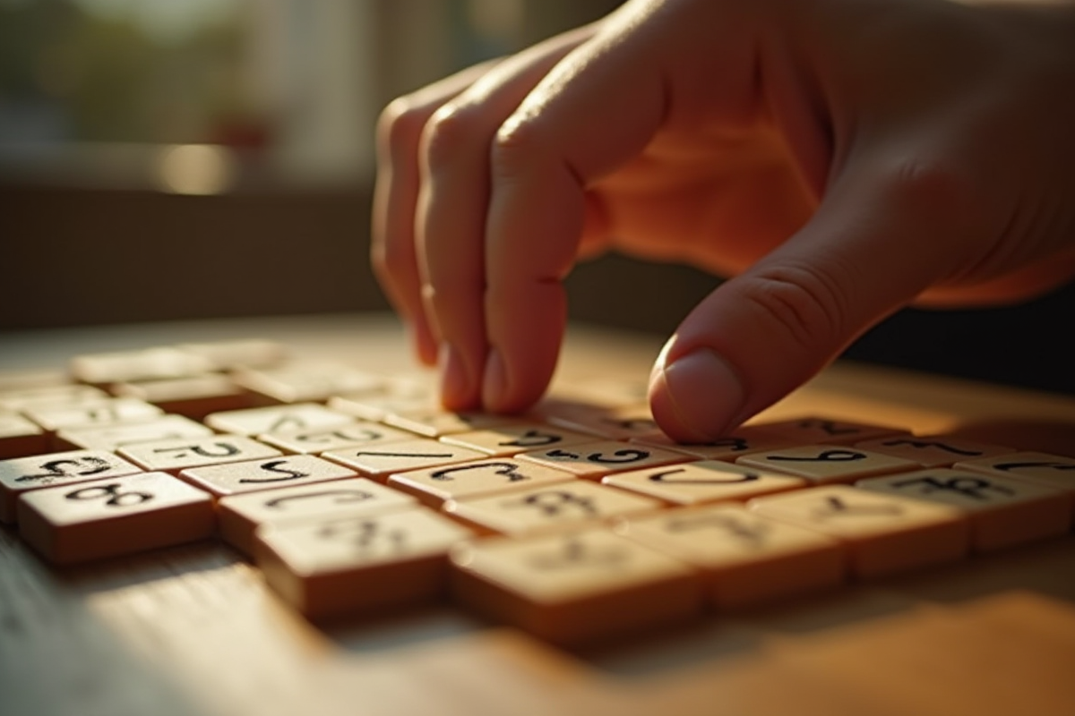 Mains organisant des tuiles Rummikub en stratégie lumineuse
