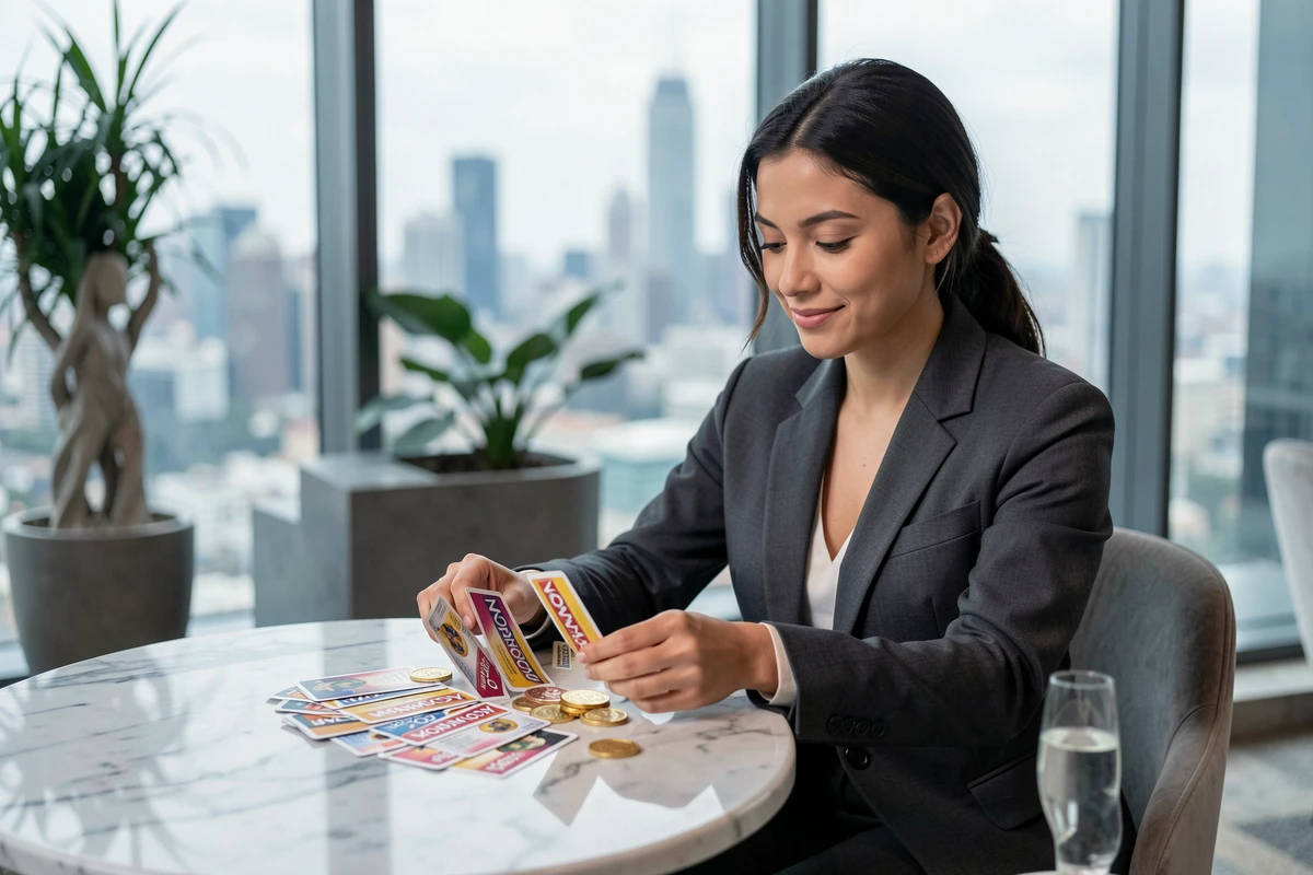 Femme en costume gris analysant des cartes de récompenses Monopoly et jetons dorés sur une table en marbre dans un salon moderne avec vue sur la ville