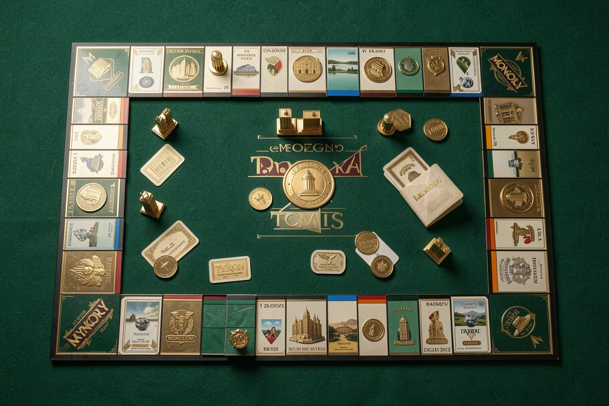 Vue aérienne en flat-lay d'un plateau Monopoly édition Tycoon Club avec tuiles métalliques, cartes de récompenses cachées et hôtels dorés sur feutre vert émeraude