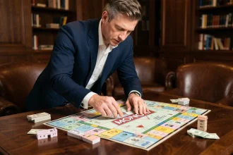 Homme en blazer marine étudiant un plateau Monopoly vintage dans un club privé aux boiseries sombres, cartes de propriété et billets colorés éparpillés sur la table