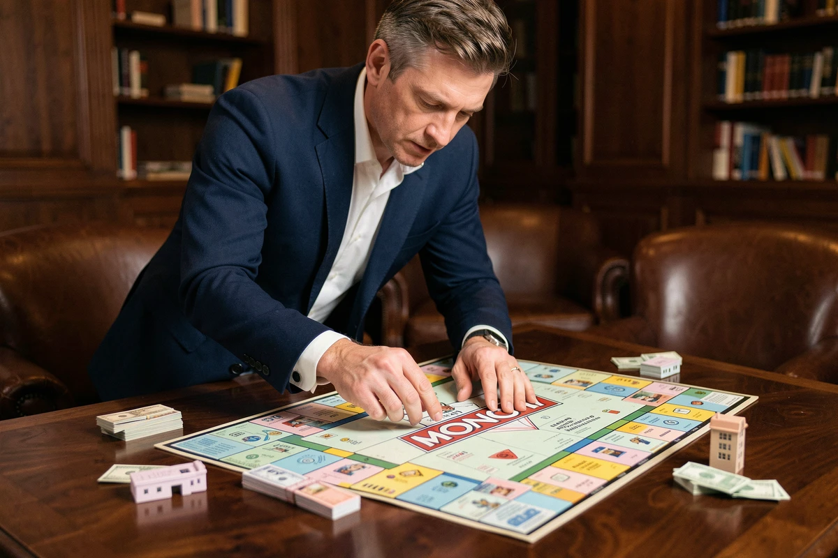 Homme en blazer marine étudiant un plateau Monopoly vintage dans un club privé aux boiseries sombres, cartes de propriété et billets colorés éparpillés sur la table