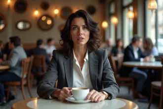 Femme confiante et élégante en entretien dans un café parisien, exprimant sa franchise et son assurance