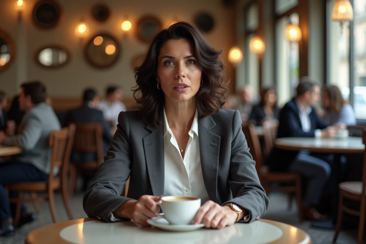 Femme confiante et élégante en entretien dans un café parisien, exprimant sa franchise et son assurance