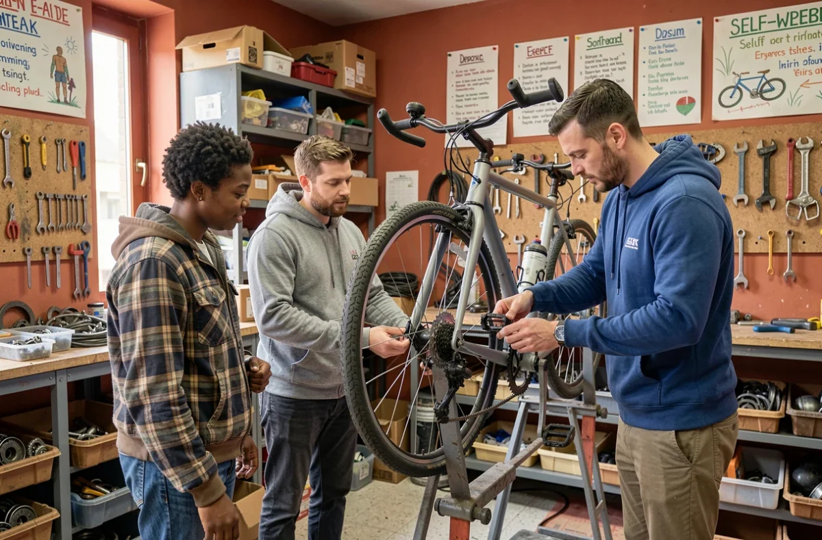 Groupe de cyclistes en atelier d'auto-réparation encadrés par un bénévole dans l'atelier associatif Velo Cité à Bordeaux