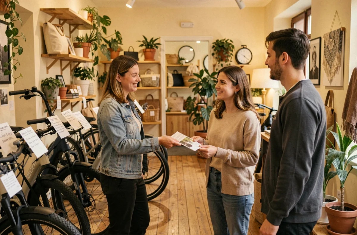 Vendeuse de Vélo Sapiens à Marseille conseillant un couple dans un magasin de vélos électriques à l'atmosphère chaleureuse