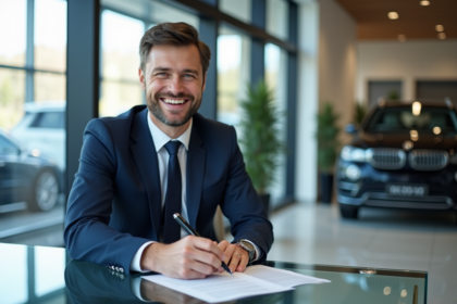 Vendeur automobile en costume dans un showroom moderne