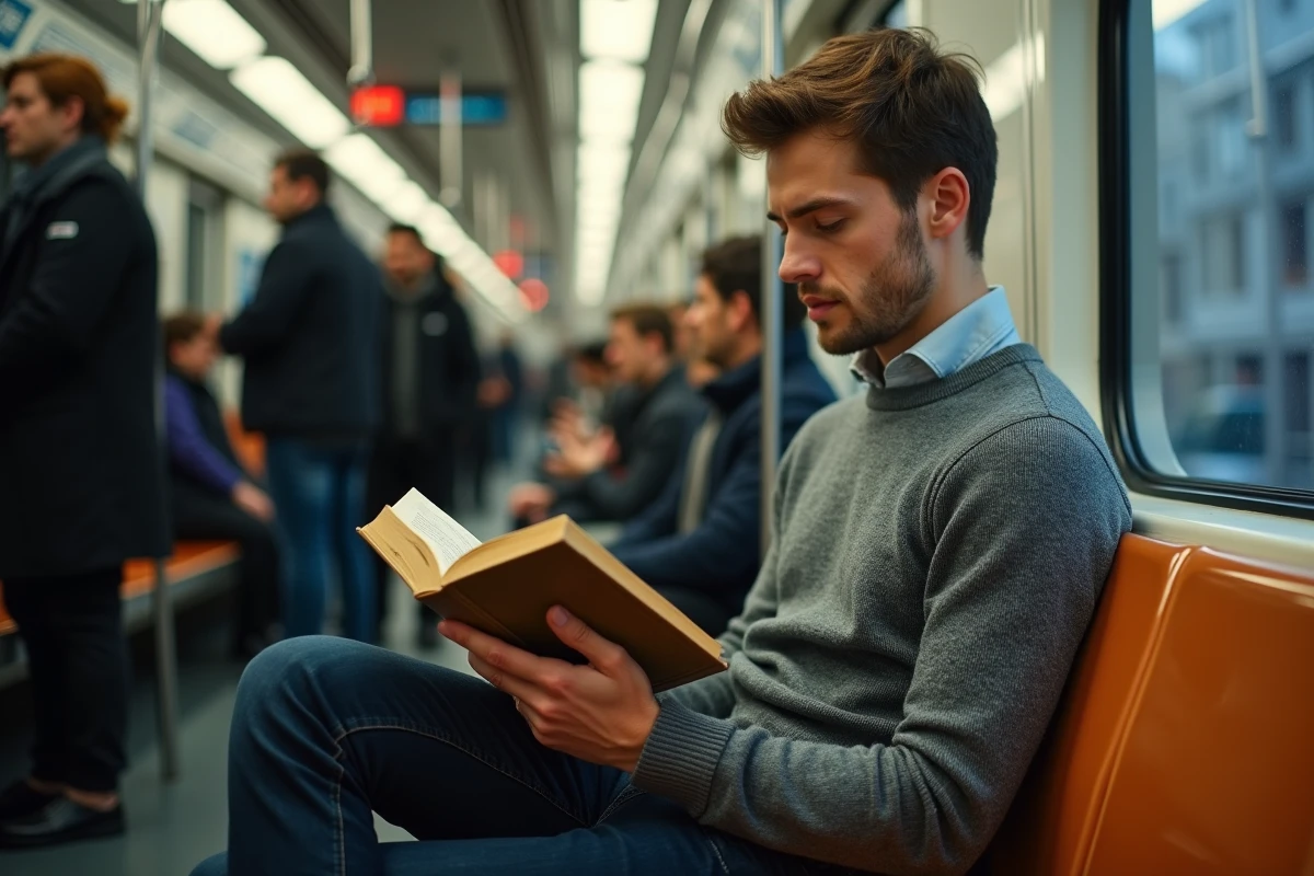 Jeune homme lisant tranquillement un livre dans le métro parisien ligne 7 malgré l'affluence des heures de pointe